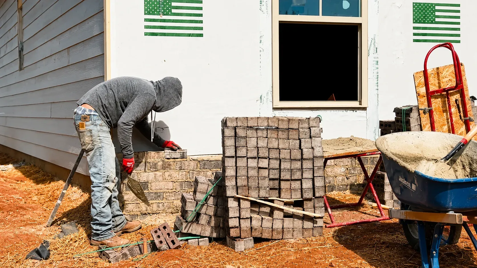 Exterior masonry and stonework on a new residential build