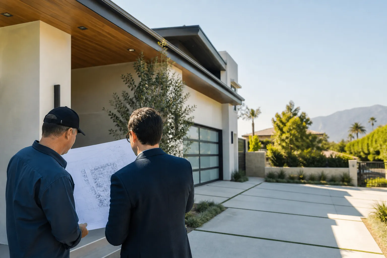 Residential project planning meeting with drawings and material samples