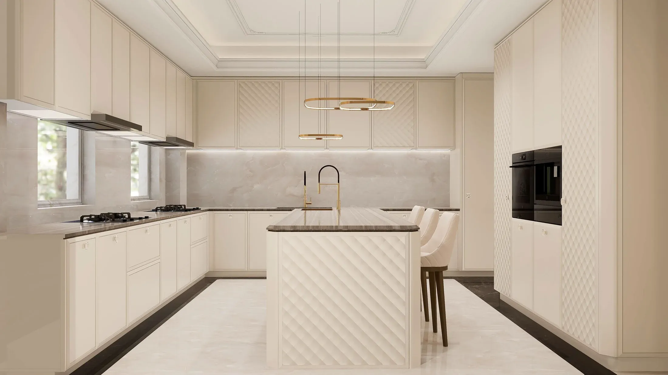 Western-style kitchen with island in a multi-level residence