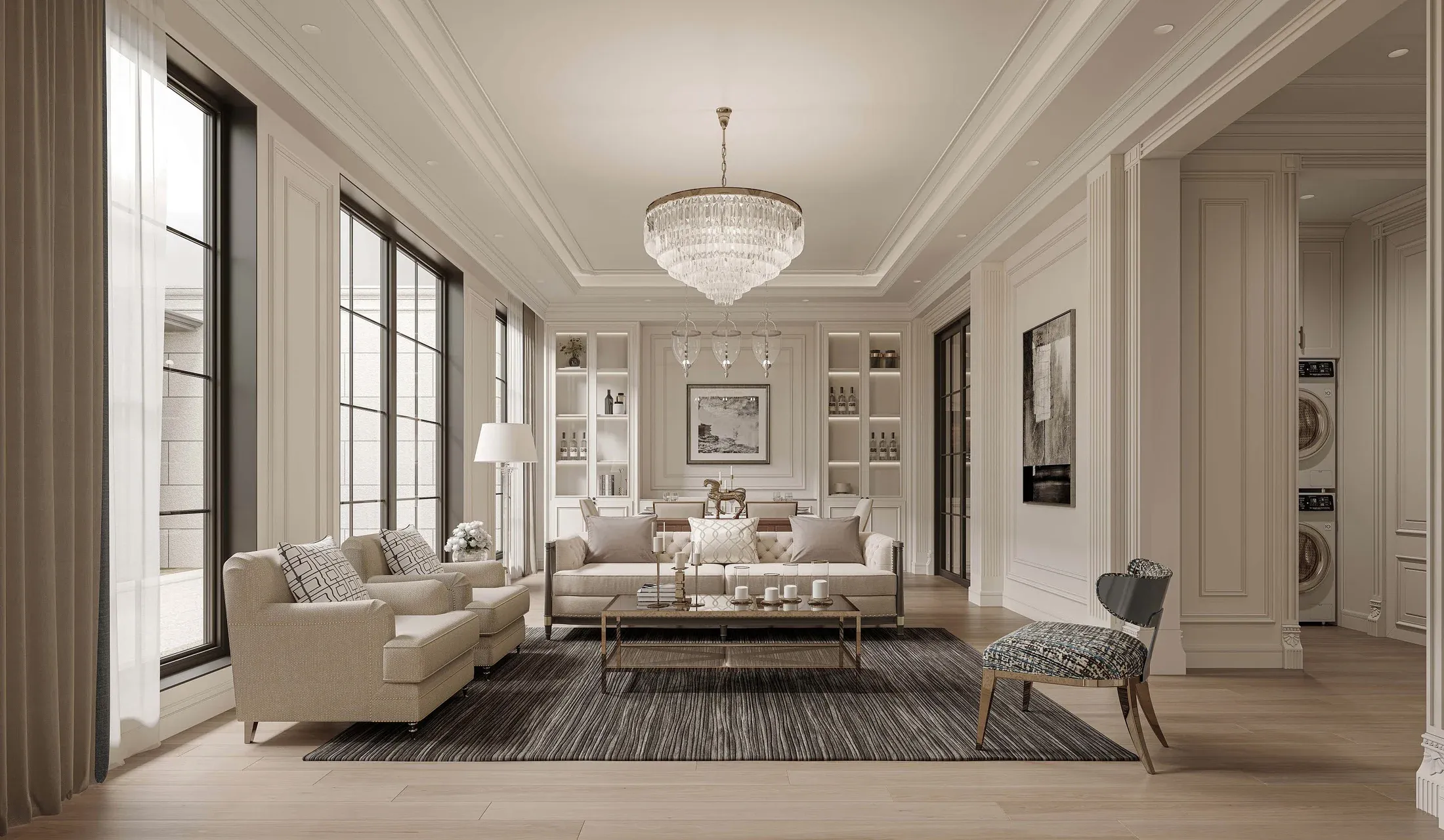 Warm American-style living room, second view, interior proposal