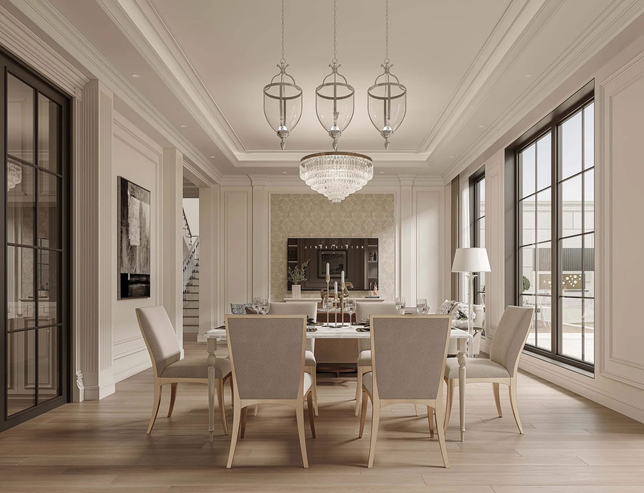 Warm American-style dining and stair hall, interior proposal
