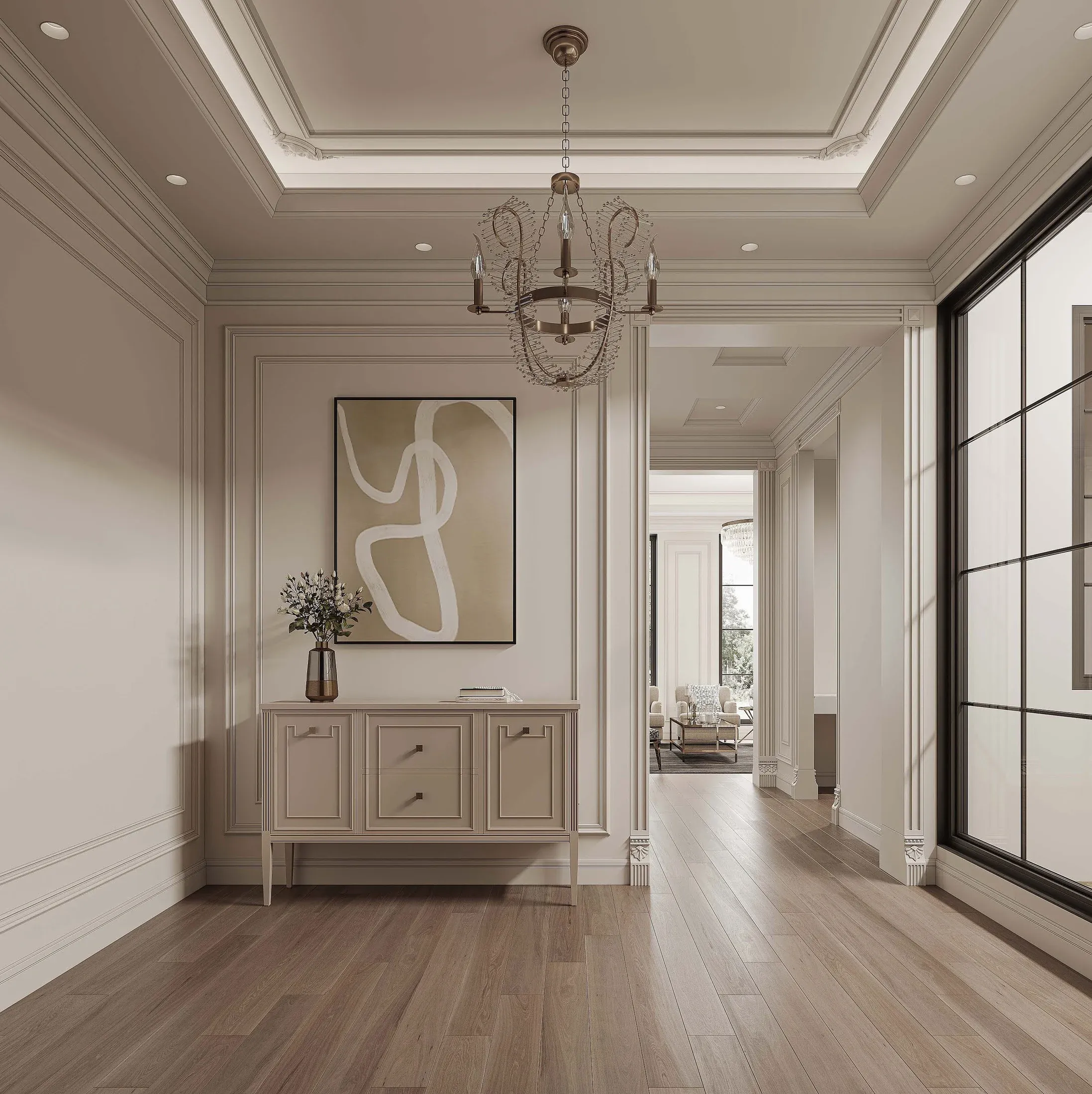 Warm American-style central gallery corridor, interior proposal