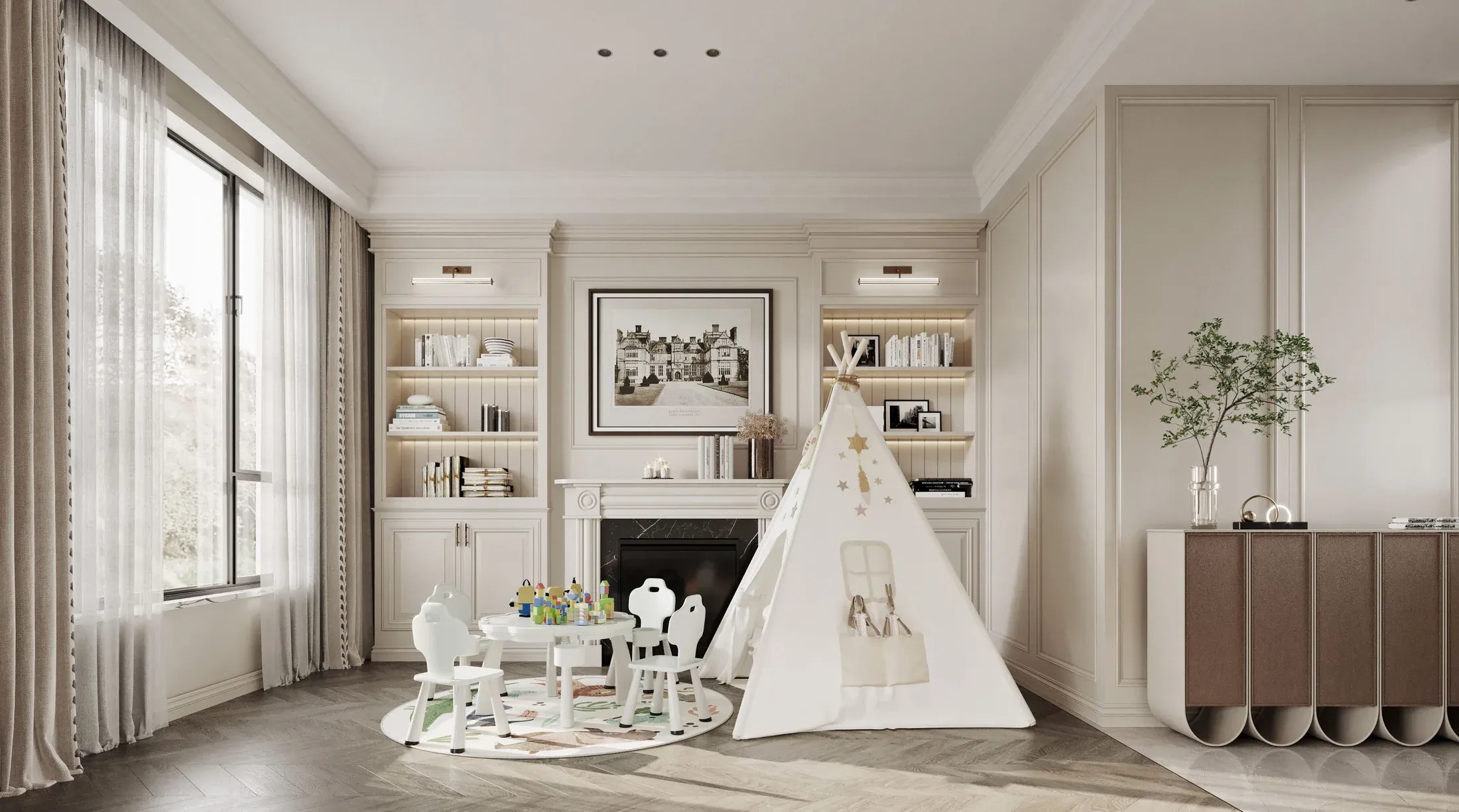 Warm American-style family living space, interior proposal