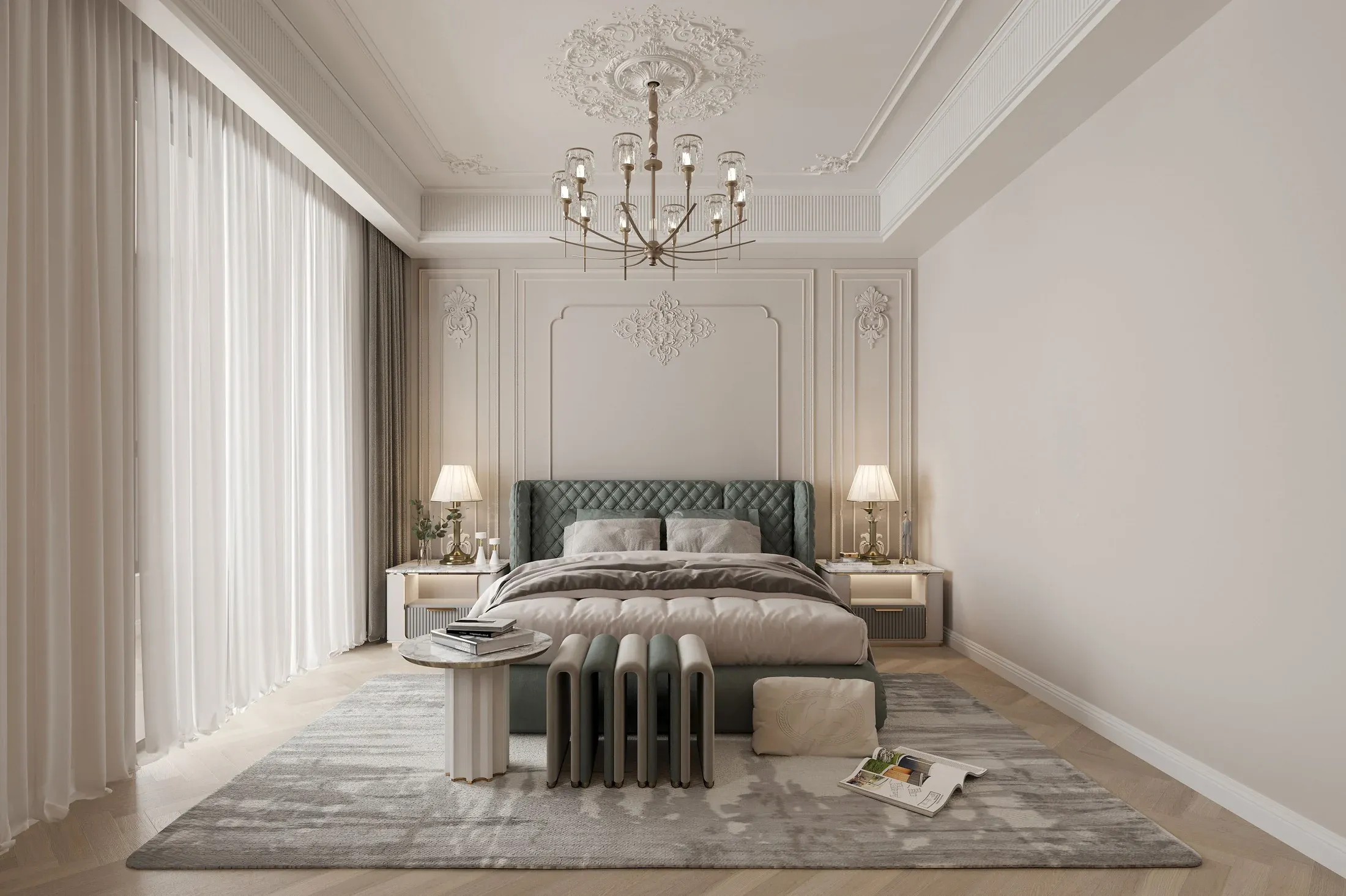Warm American-style bedroom interior, interior proposal