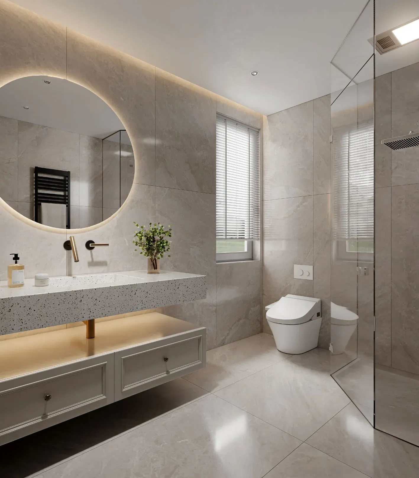 Warm American-style bathroom suite, interior proposal