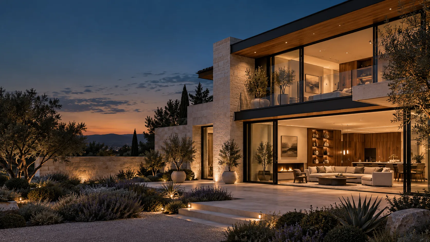 Concept visualization of a contemporary home with natural stone, timber and warm interiors