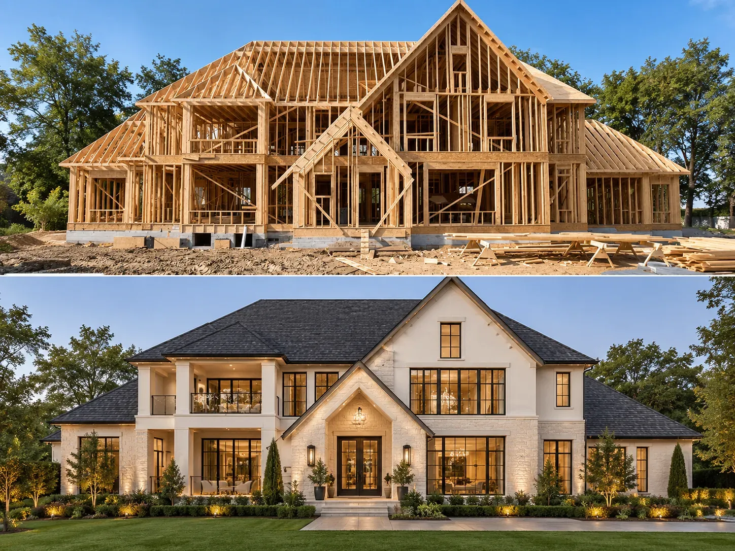 Two-story gabled residence with timber framing above a finished stone and stucco exterior