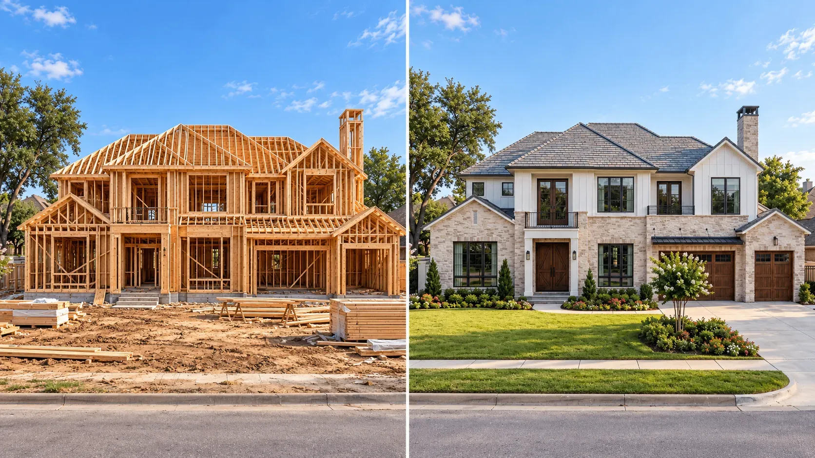 Two-story home with exposed timber framing beside a stone-clad exterior