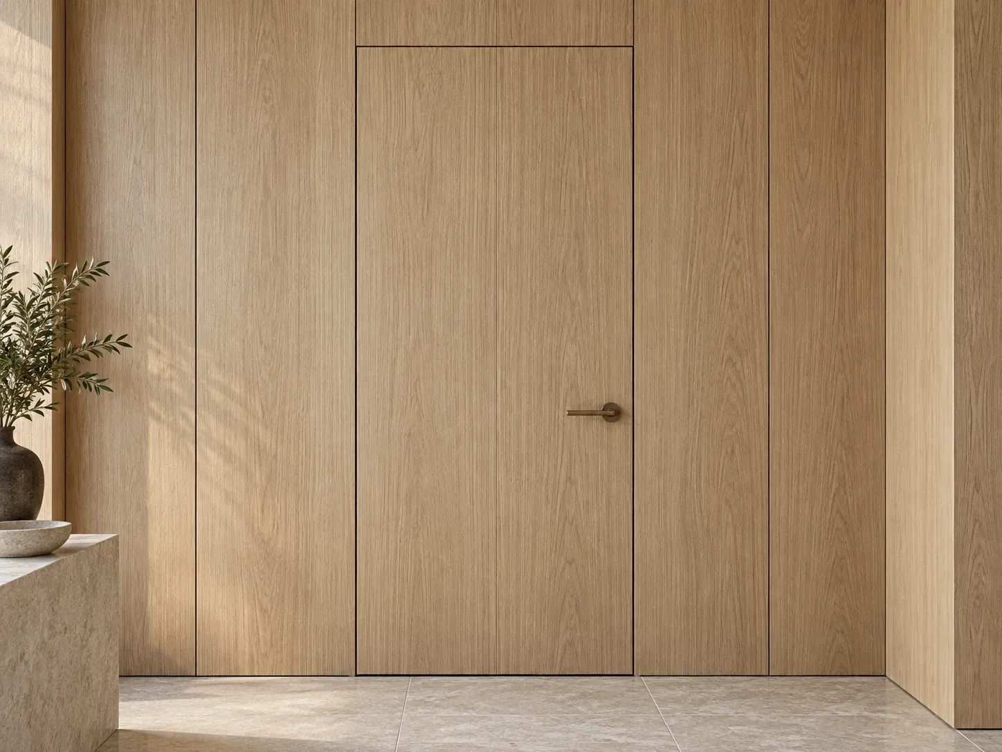 White oak integrated door and wall panel finishing concept