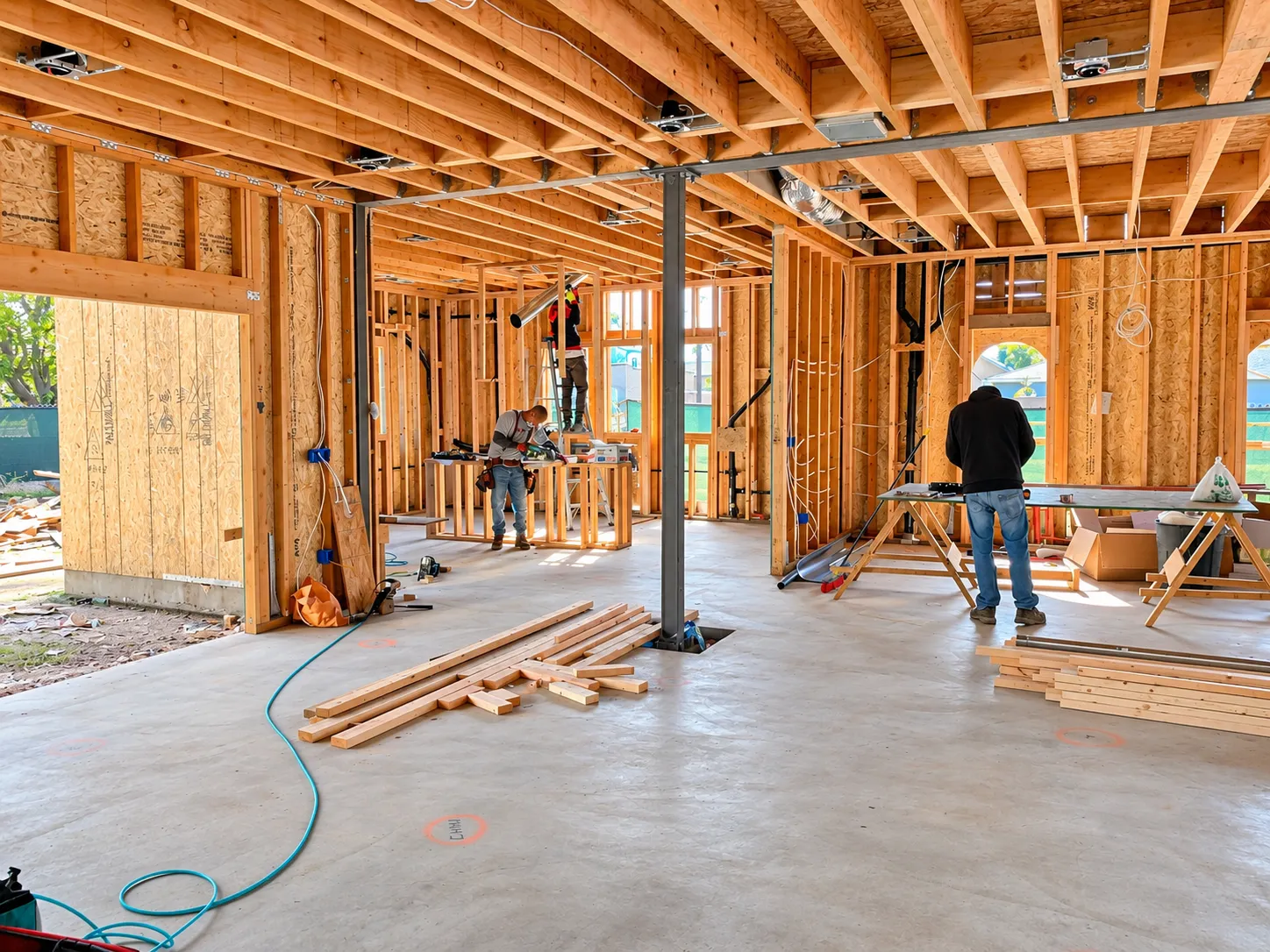 Interior construction with exposed framing and installation work