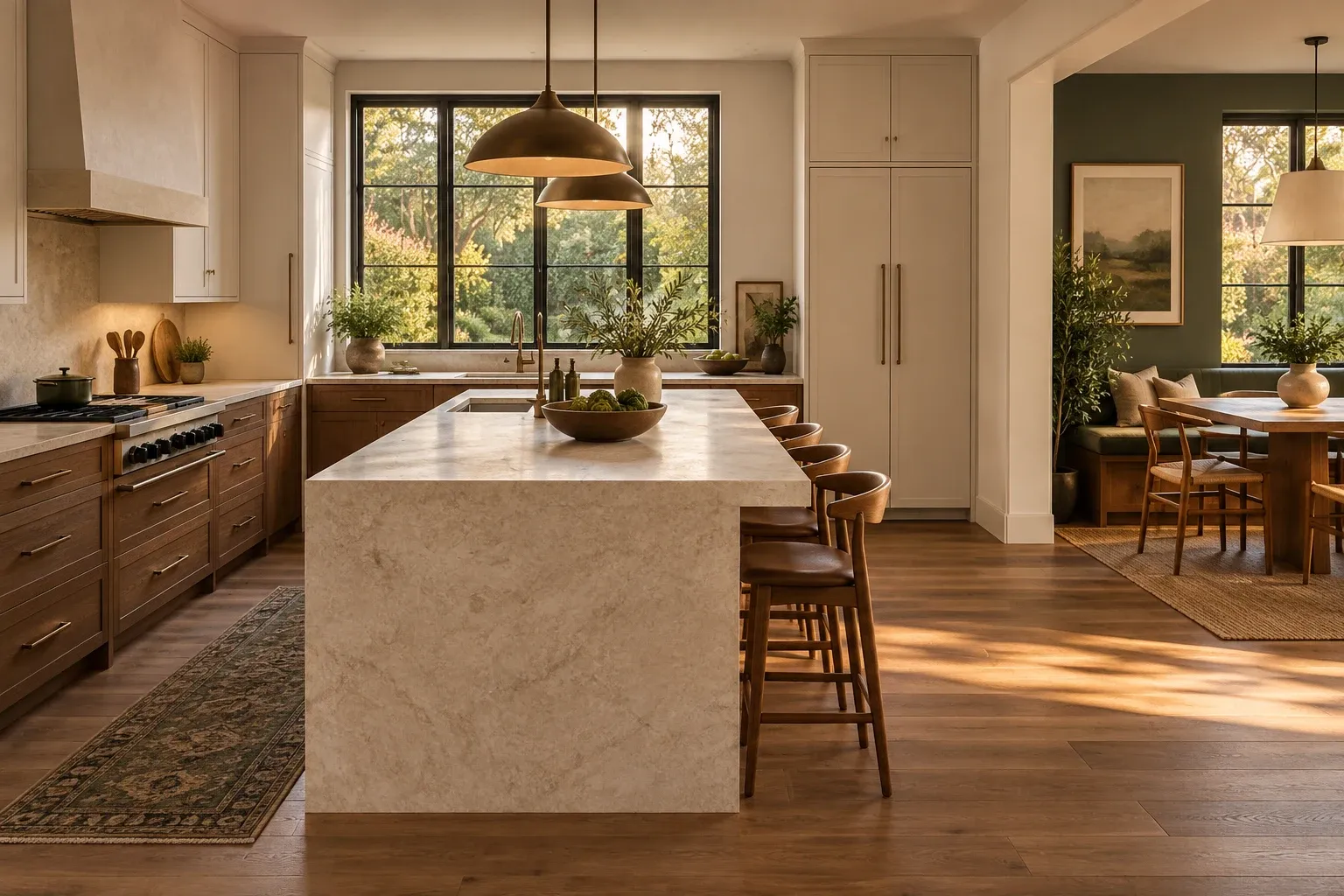 Warm walnut kitchen and dining design concept