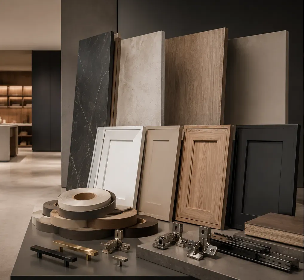 Cabinet finishes, panel samples and hardware