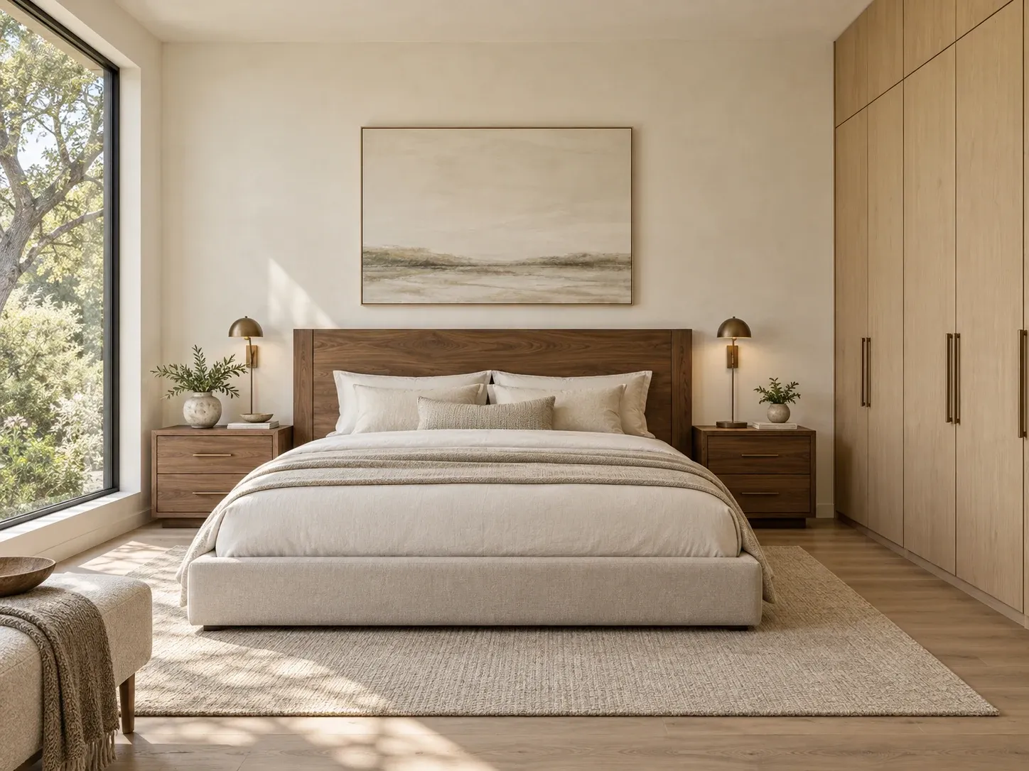Walnut bedroom furniture and white oak wardrobe design concept