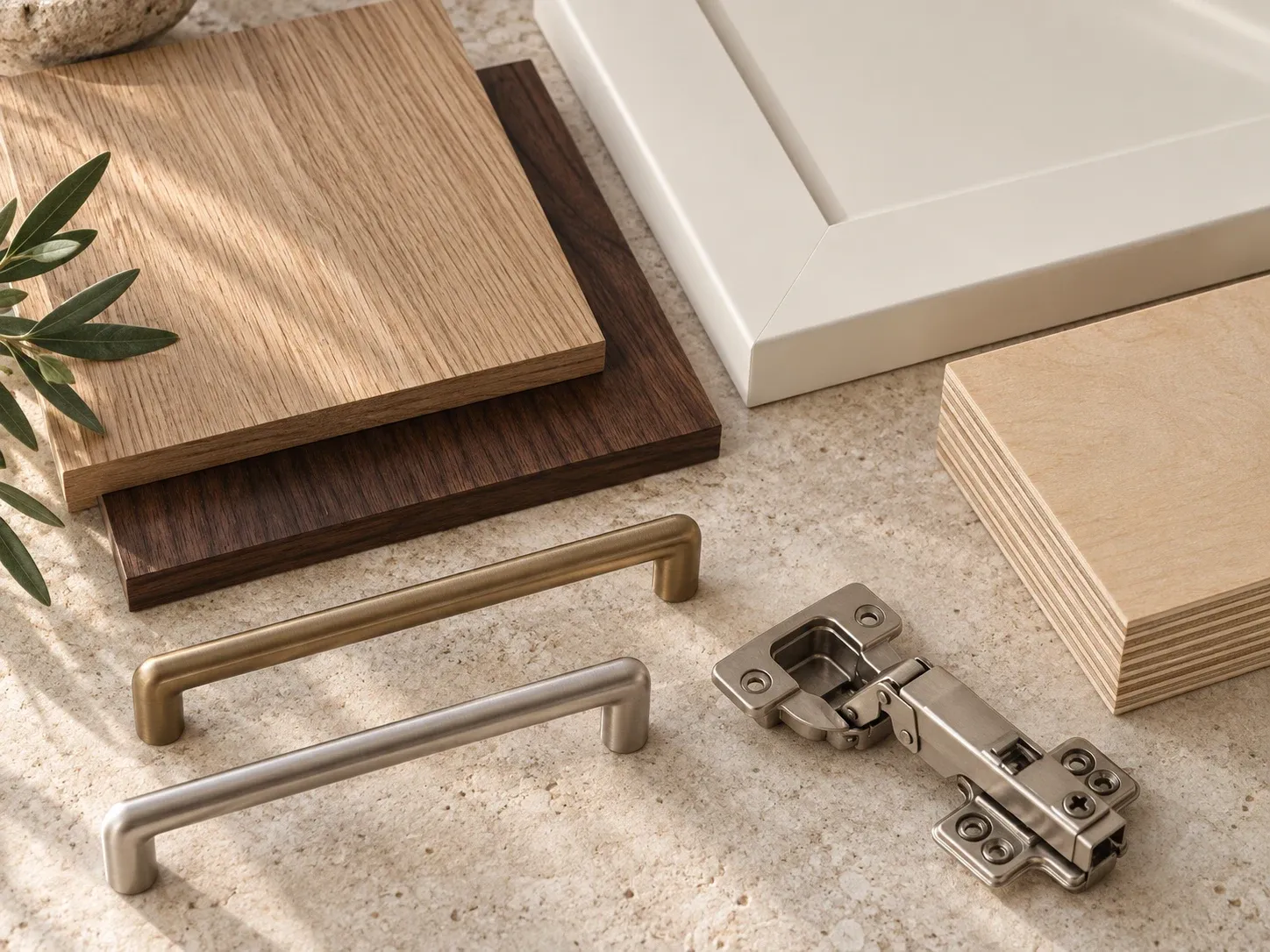 White oak, walnut, plywood and cabinet hardware material concept