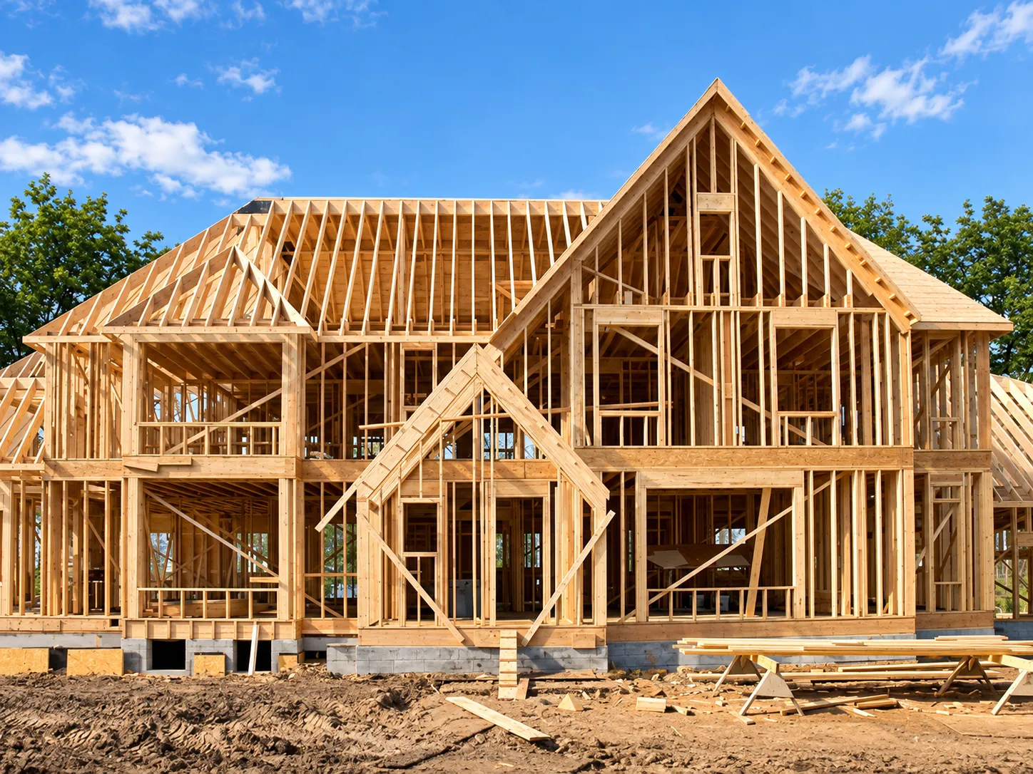 Aerial view of residential timber framing and construction site
