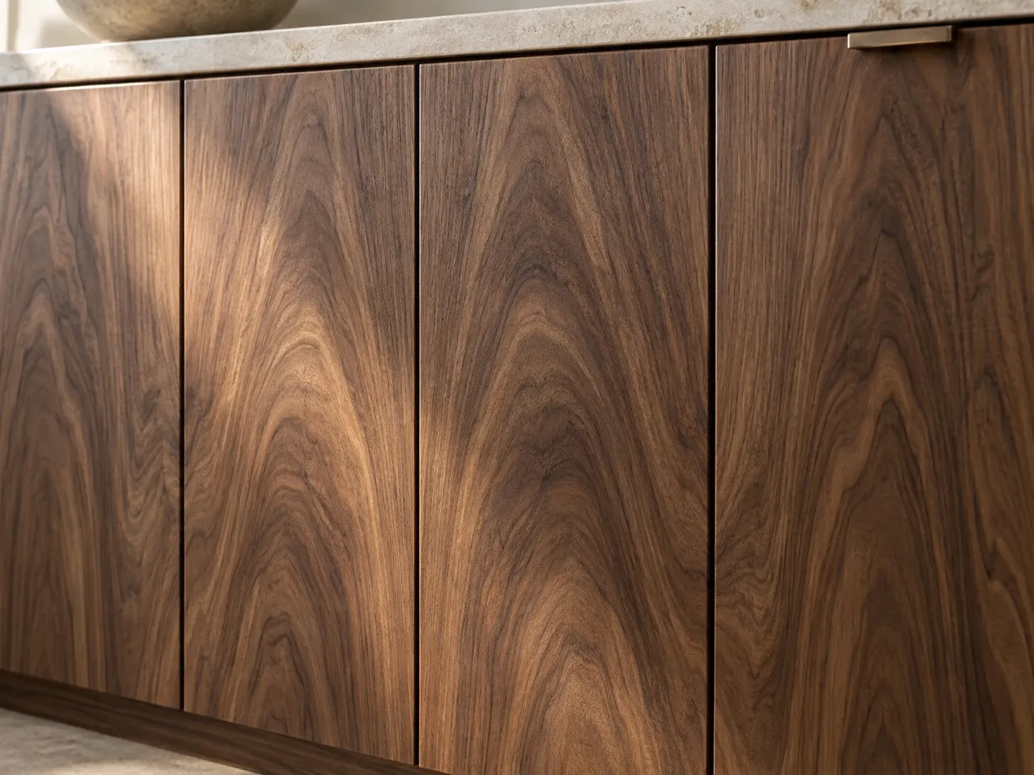 Walnut veneer grain matching and cabinet joint concept